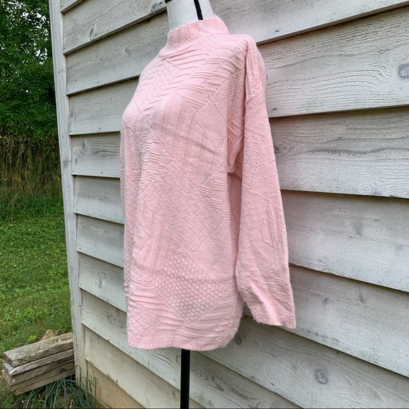 Vintage Pastel Pink Mock Neck Long Sleeve Pullover Oversize Cable Knit Sweater - Picture 3 of 16